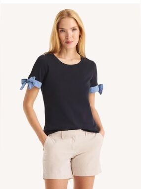 Nautica Navy Short Sleeve Tee with Chambray Tie Sleeves